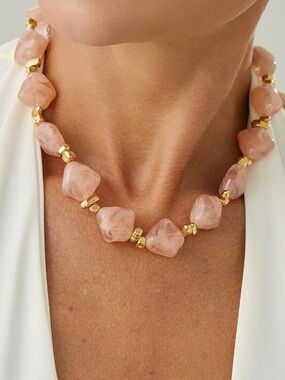 Anthropologie Pink Beaded Gold Accent Necklace